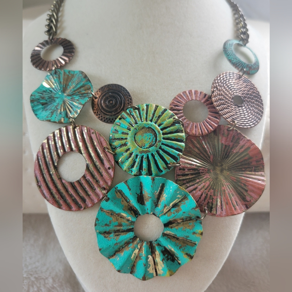 Rustic Boho Brass Tone Multicolor Distressed Meta… - image 3